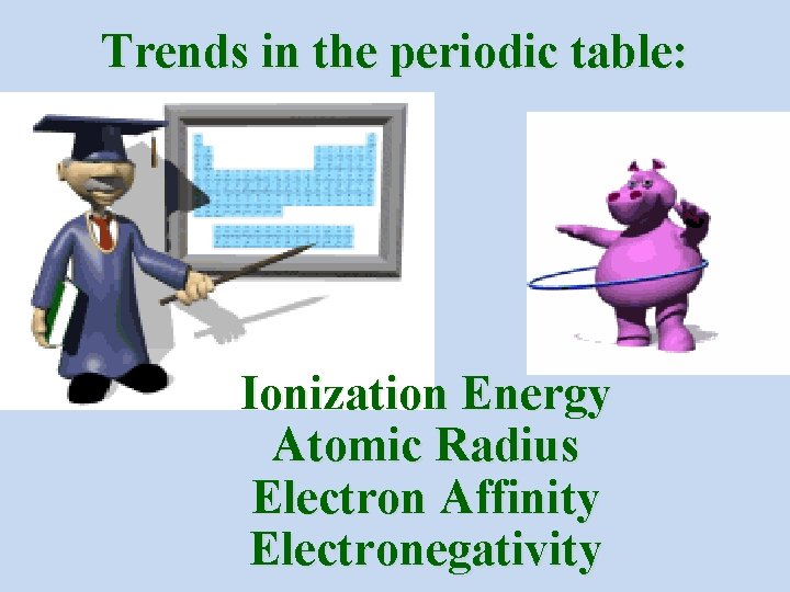 Trends in the periodic table: Ionization Energy Atomic Radius Electron Affinity Electronegativity 