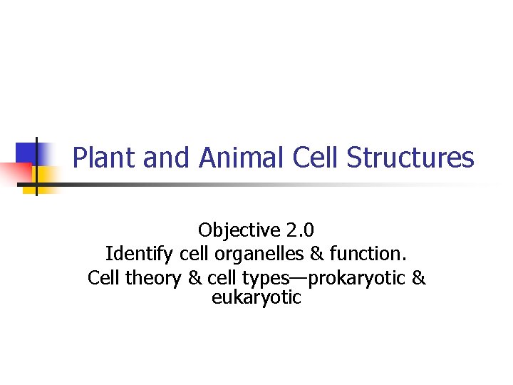 Plant and Animal Cell Structures Objective 2. 0 Identify cell organelles & function. Cell