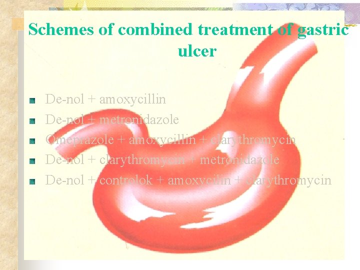 Schemes of combined treatment of gastric ulcer De-nol + amoxycillin De-nol + metronidazole Omeprazole Schemes of combined treatment of gastric ulcer De-nol + amoxycillin De-nol + metronidazole Omeprazole