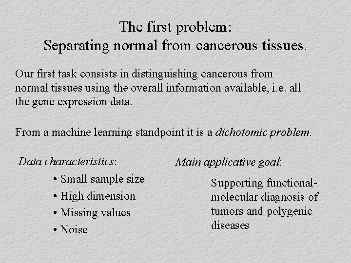 The first problem: Separating normal from cancerous tissues. Our first task consists in distinguishing
