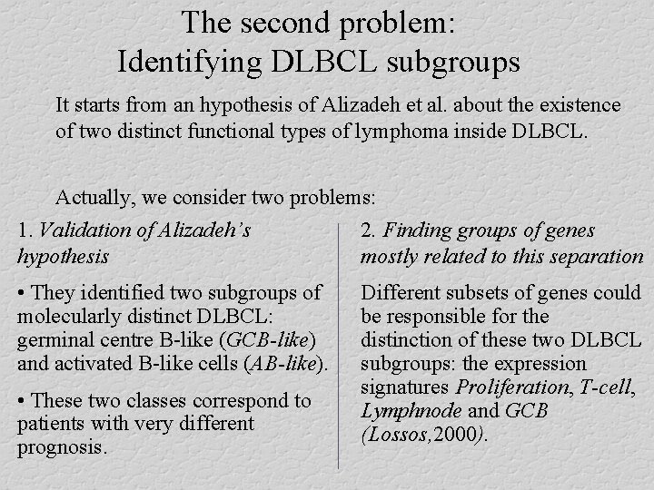 The second problem: Identifying DLBCL subgroups It starts from an hypothesis of Alizadeh et