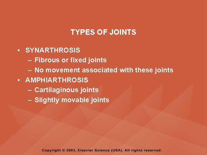 TYPES OF JOINTS • SYNARTHROSIS – Fibrous or fixed joints – No movement associated