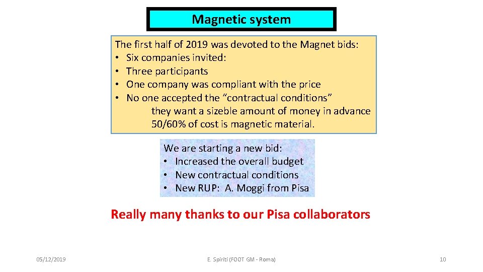 Magnetic system The first half of 2019 was devoted to the Magnet bids: • Magnetic system The first half of 2019 was devoted to the Magnet bids: •