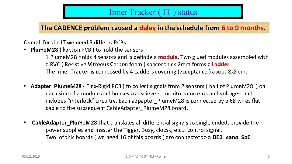 Inner Tracker ( IT ) status The CADENCE problem caused a delay in the Inner Tracker ( IT ) status The CADENCE problem caused a delay in the