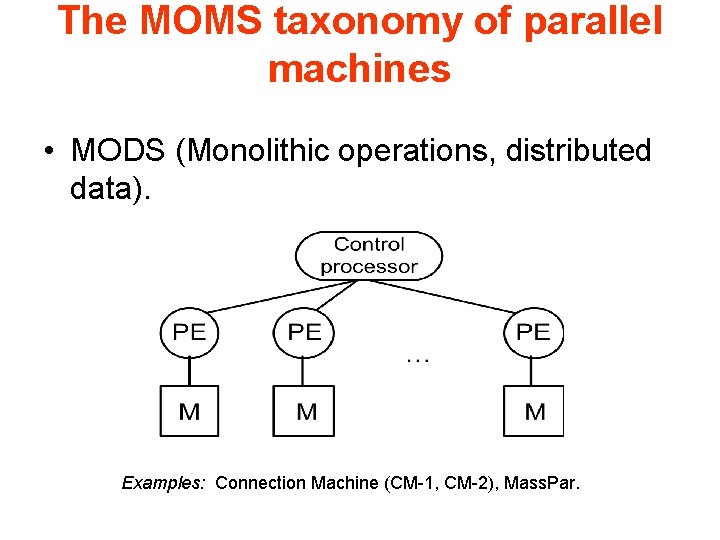 The MOMS taxonomy of parallel machines • MODS (Monolithic operations, distributed data). Examples: Connection