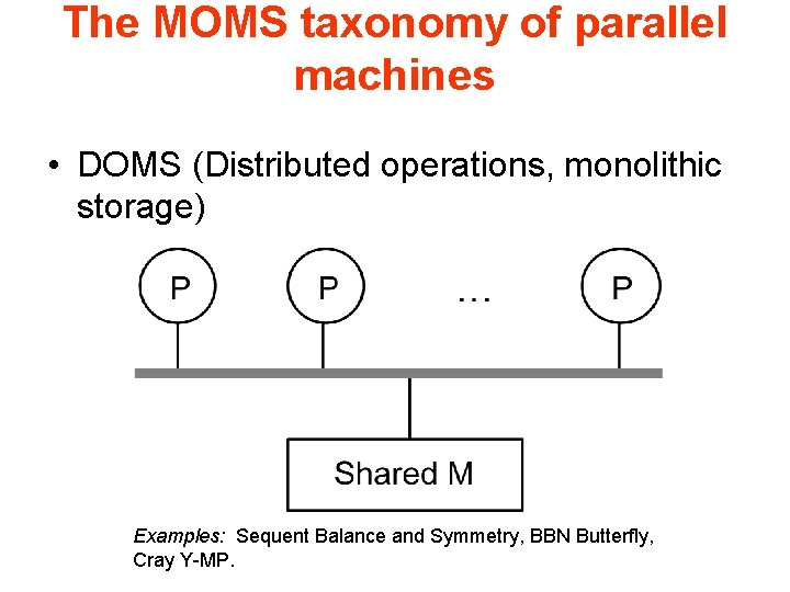 The MOMS taxonomy of parallel machines • DOMS (Distributed operations, monolithic storage) Examples: Sequent