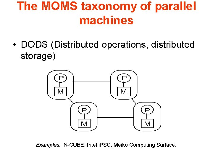 The MOMS taxonomy of parallel machines • DODS (Distributed operations, distributed storage) Examples: N-CUBE,