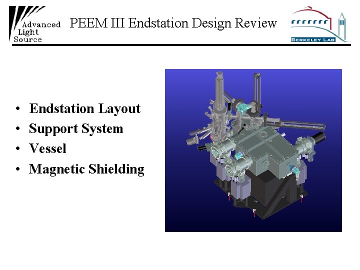 PEEM III Endstation Design Review • • Endstation Layout Support System Vessel Magnetic Shielding