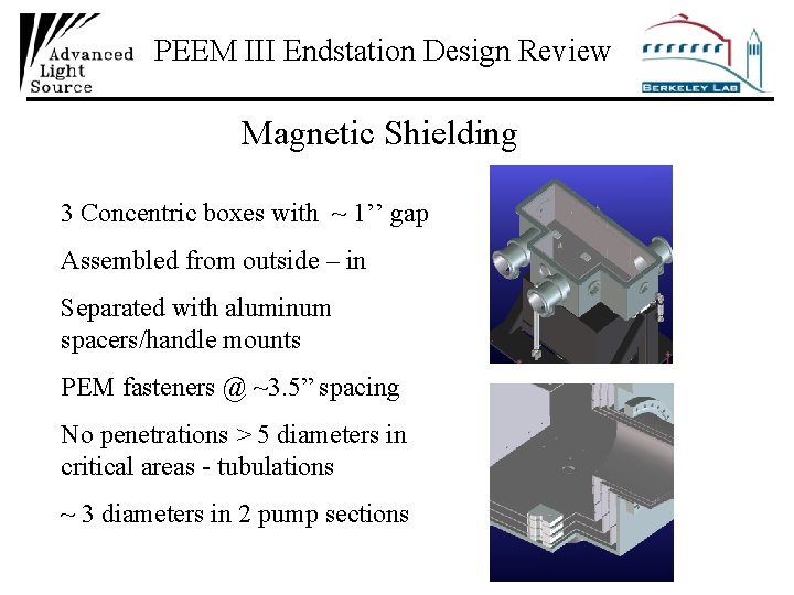 PEEM III Endstation Design Review Magnetic Shielding 3 Concentric boxes with ~ 1’’ gap