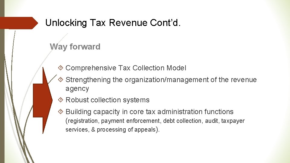 Unlocking Tax Revenue Cont’d. Way forward Comprehensive Tax Collection Model Strengthening the organization/management of