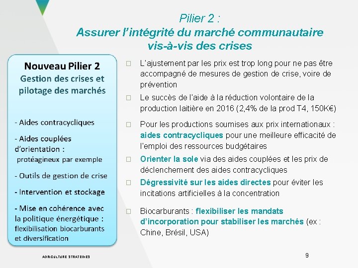 Pilier 2 : Assurer l’intégrité du marché communautaire vis-à-vis des crises AGRICULTURE STRATÉGIES �