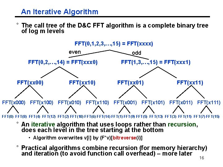An Iterative Algorithm ° The call tree of the D&C FFT algorithm is a