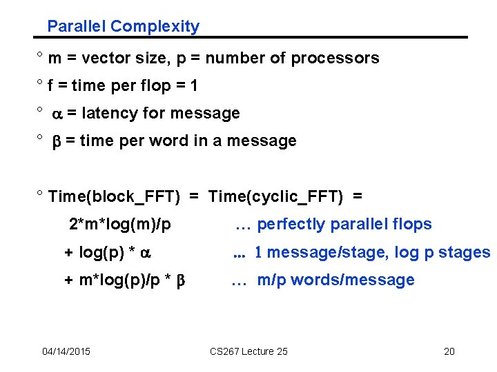 Parallel Complexity ° m = vector size, p = number of processors ° f