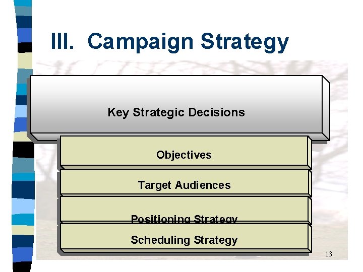 III. Campaign Strategy Key Strategic Decisions Objectives Target Audiences Positioning Strategy Scheduling Strategy 13