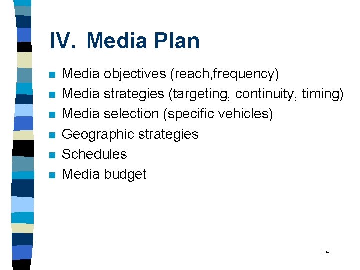 IV. Media Plan n n n Media objectives (reach, frequency) Media strategies (targeting, continuity,