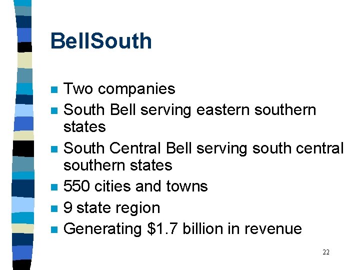 Bell. South n n n Two companies South Bell serving eastern southern states South
