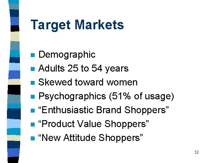 Target Markets n n n n Demographic Adults 25 to 54 years Skewed toward