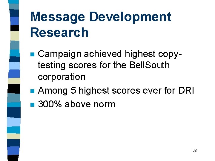 Message Development Research n n n Campaign achieved highest copytesting scores for the Bell.