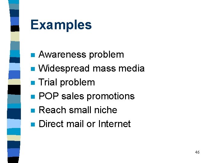 Examples n n n Awareness problem Widespread mass media Trial problem POP sales promotions