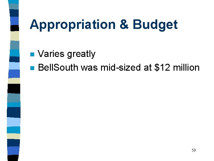 Appropriation & Budget n n Varies greatly Bell. South was mid-sized at $12 million