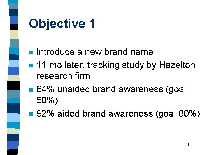 Objective 1 n n Introduce a new brand name 11 mo later, tracking study