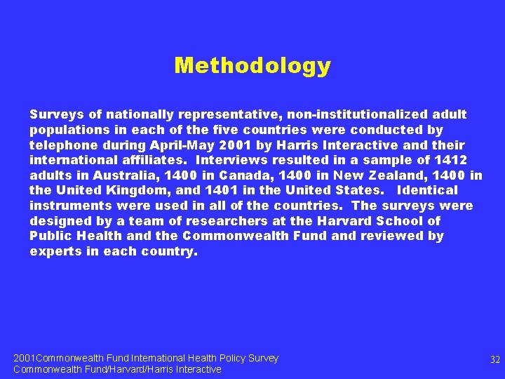 Methodology Surveys of nationally representative, non-institutionalized adult populations in each of the five countries