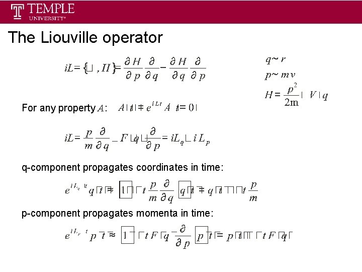 The Liouville operator For any property A: q-component propagates coordinates in time: p-component propagates