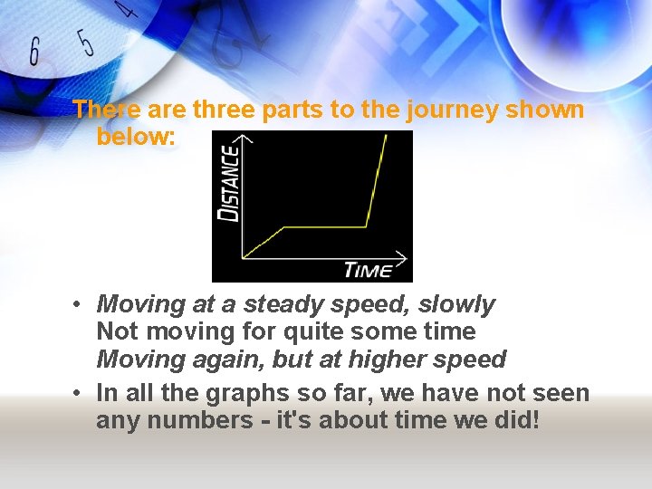 There are three parts to the journey shown below: • Moving at a steady