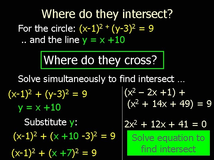 Where do they intersect? For the circle: (x-1)2 + (y-3)2 = 9. . and