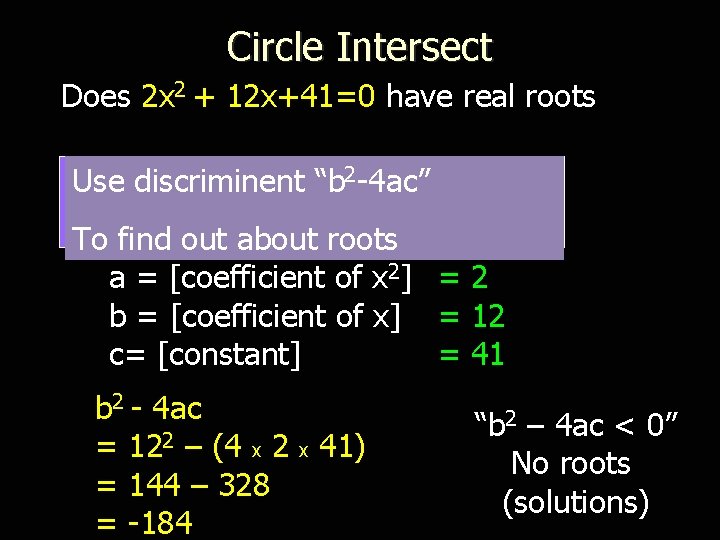 Circle Intersect Does 2 x 2 + 12 x+41=0 have real roots Use discriminent