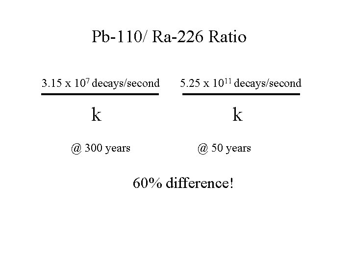 Pb-110/ Ra-226 Ratio 3. 15 x 107 decays/second k @ 300 years 5. 25