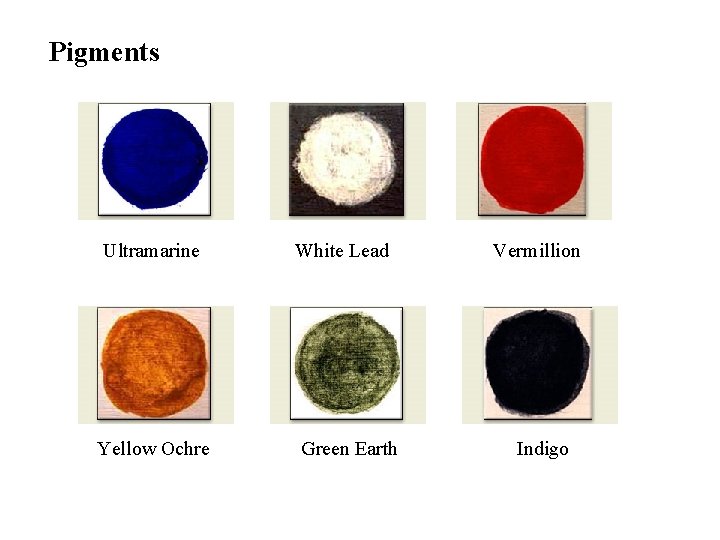 Pigments Ultramarine White Lead Yellow Ochre Green Earth Vermillion Indigo 