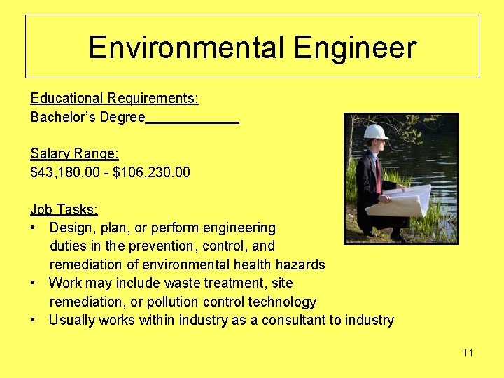 Environmental Engineer Educational Requirements: Bachelor’s Degree Salary Range: $43, 180. 00 - $106, 230.