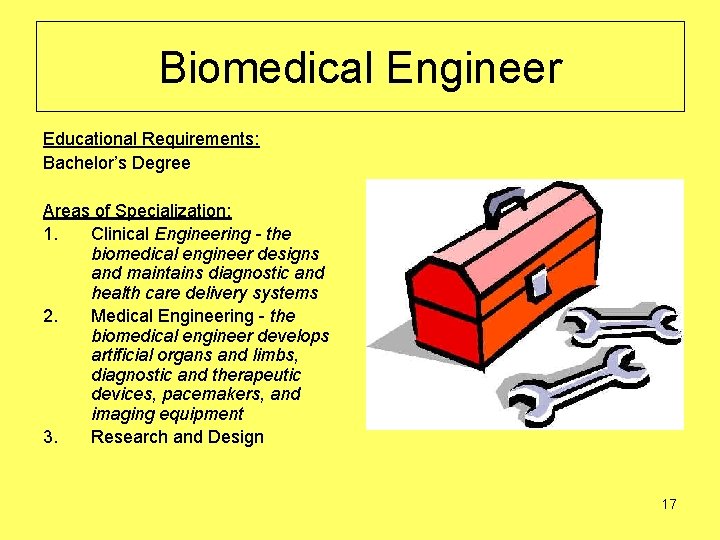 Biomedical Engineer Educational Requirements: Bachelor’s Degree Areas of Specialization: 1. Clinical Engineering - the