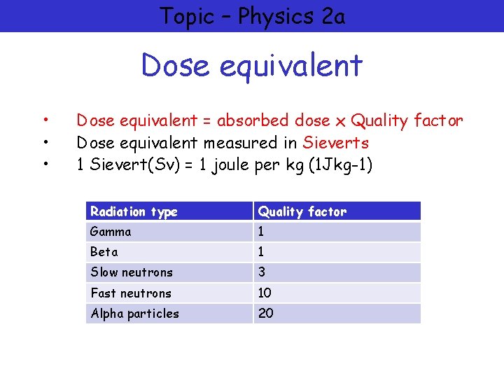 Topic – Physics 2 a Dose equivalent • • • Dose equivalent = absorbed