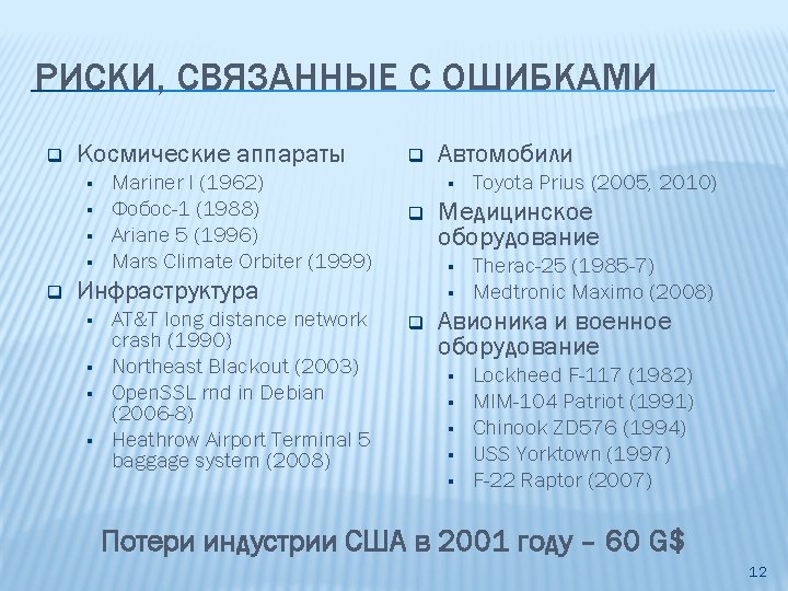 РИСКИ, СВЯЗАННЫЕ С ОШИБКАМИ q Космические аппараты § § q Mariner I (1962) Фобос-1