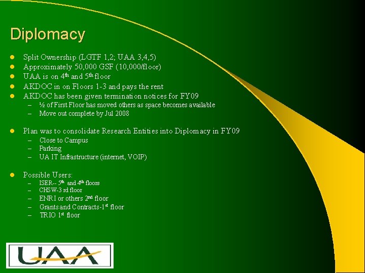 Diplomacy l l l Split Ownership (LGTF 1, 2; UAA 3, 4, 5) Approximately