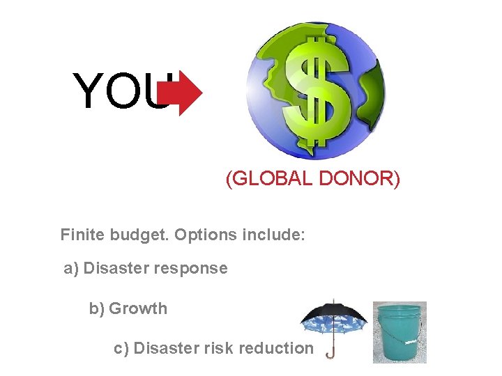 YOU (GLOBAL DONOR) Finite budget. Options include: a) Disaster response b) Growth c) Disaster