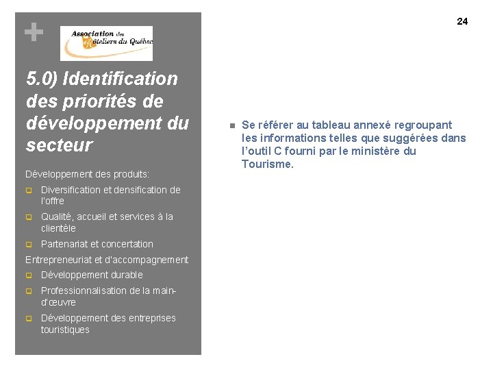 + 5. 0) Identification des priorités de développement du secteur Développement des produits: q