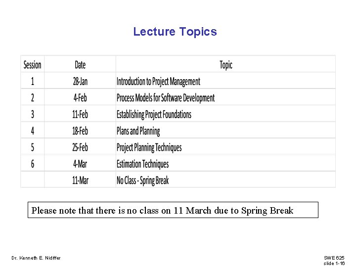 Lecture Topics Please note that there is no class on 11 March due to Lecture Topics Please note that there is no class on 11 March due to