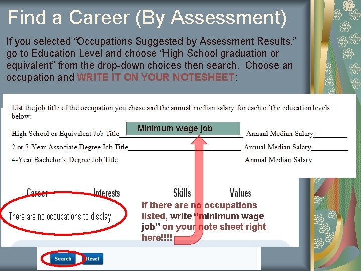 Find a Career (By Assessment) If you selected “Occupations Suggested by Assessment Results, ” Find a Career (By Assessment) If you selected “Occupations Suggested by Assessment Results, ”