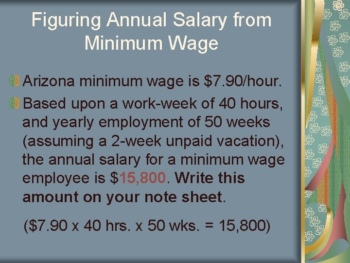 Figuring Annual Salary from Minimum Wage Arizona minimum wage is $7. 90/hour. Based upon Figuring Annual Salary from Minimum Wage Arizona minimum wage is $7. 90/hour. Based upon