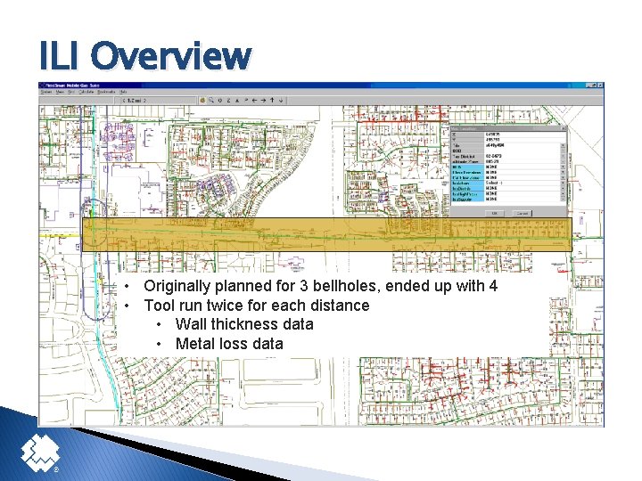 ILI Overview • Originally planned for 3 bellholes, ended up with 4 • Tool