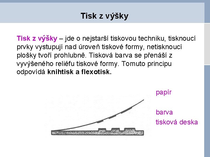 Tisk z výšky – jde o nejstarší tiskovou techniku, tisknoucí prvky vystupují nad úroveň