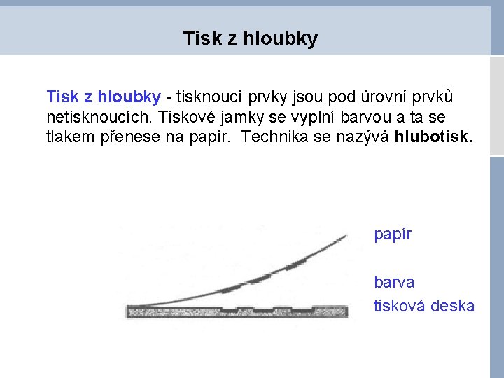 Tisk z hloubky - tisknoucí prvky jsou pod úrovní prvků netisknoucích. Tiskové jamky se