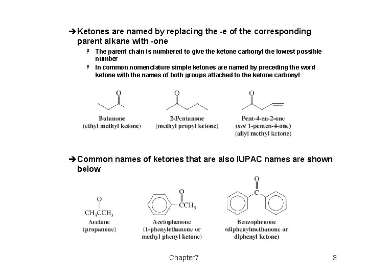 èKetones are named by replacing the -e of the corresponding parent alkane with -one