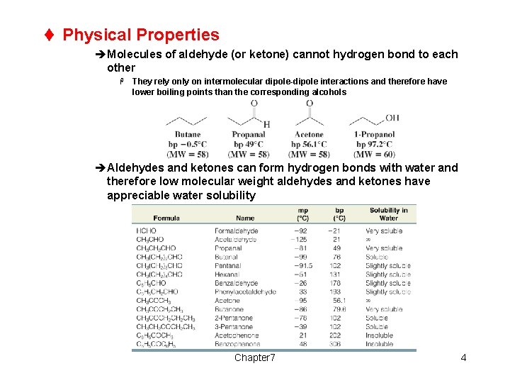 t Physical Properties èMolecules of aldehyde (or ketone) cannot hydrogen bond to each other