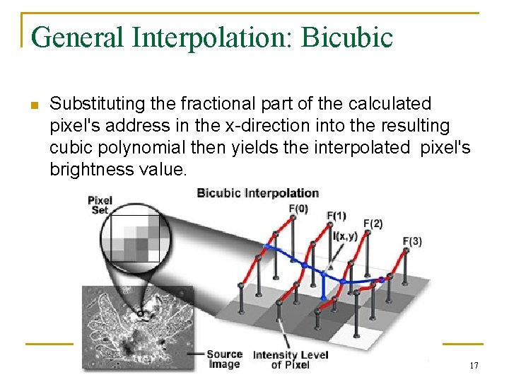 General Interpolation: Bicubic n Substituting the fractional part of the calculated pixel's address in