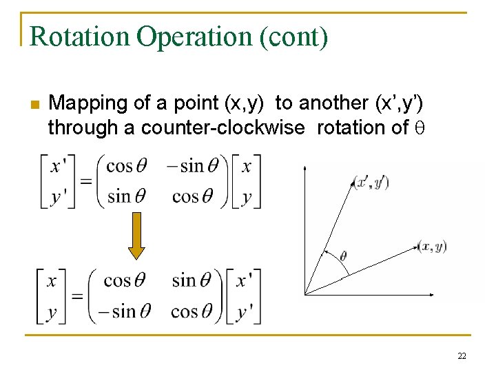 Rotation Operation (cont) n Mapping of a point (x, y) to another (x’, y’)