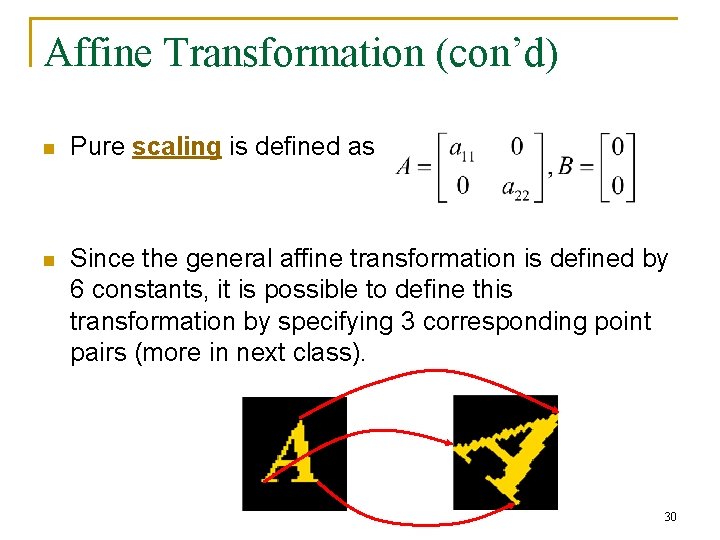 Affine Transformation (con’d) n Pure scaling is defined as n Since the general affine